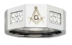   Steel Masonic Freemason Mason Blue Lodge Ring with Crystals  